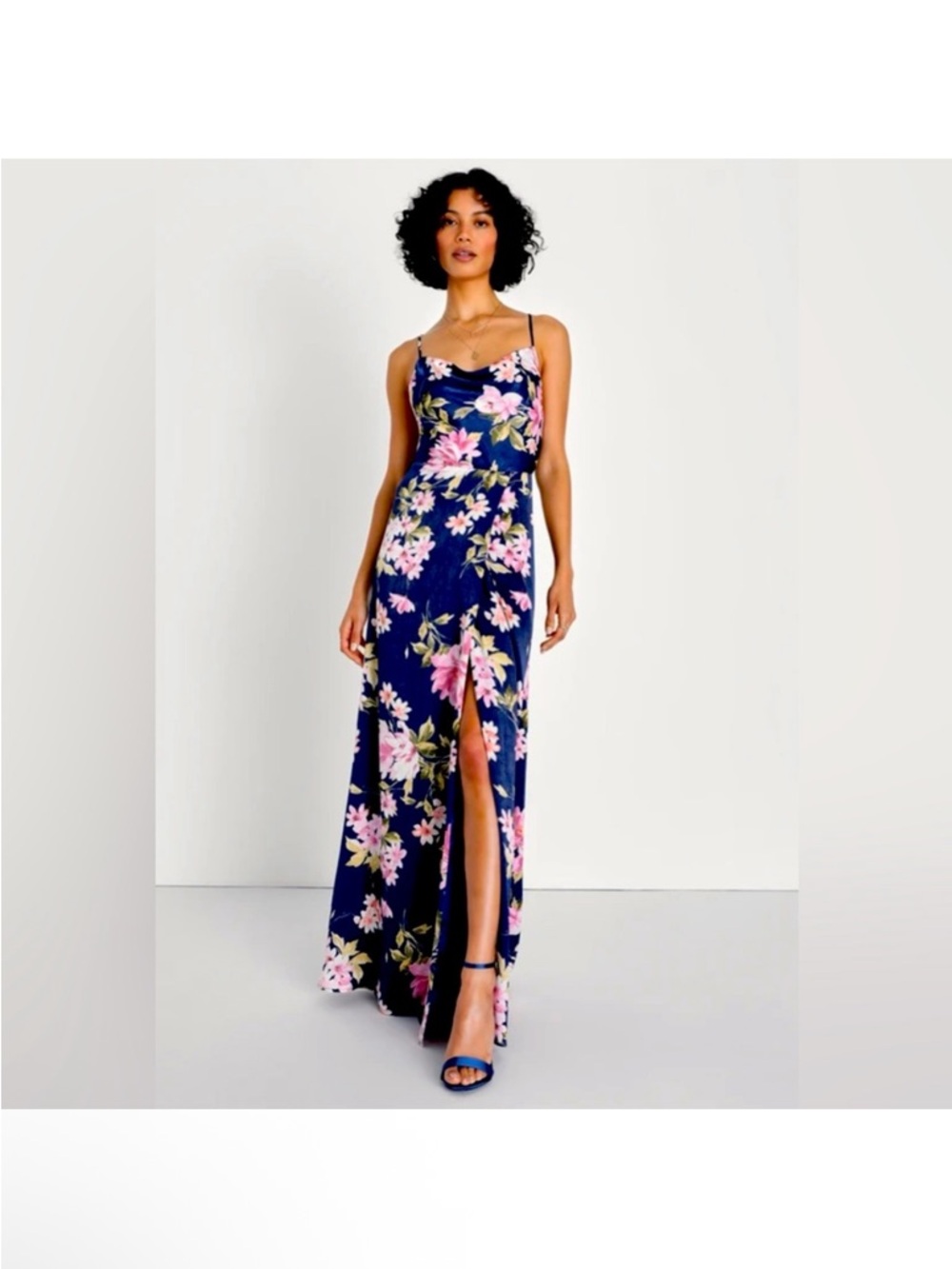 Lulu's Navy Floral Maxi Dress with Pink & Green Flowers